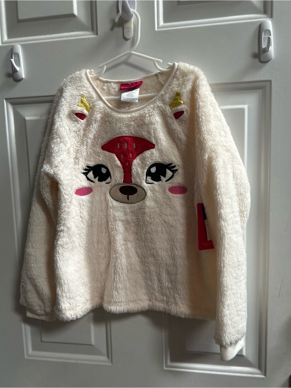 St Eve kids fuzzy  Cream Plush Deer Face Sweater Pajama top Sz 8
